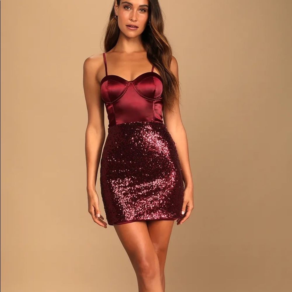 Lulu's Dance In The Spotlight Burgundy Satin Sequin Bustier Mini Dress